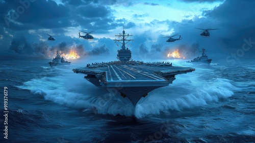 Explosions erupt around a massive battleship, while small boats and helicopters maneuver in a tropical bay, showcasing a powerful naval battle in vivid detail