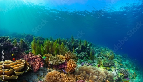 underwater shot of vivid coral reef with beautiful fauna and flora