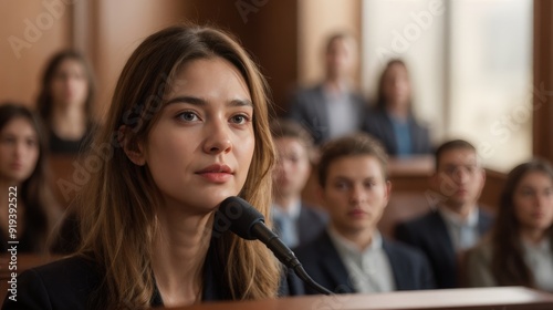 A young woman attentively listens in a courtroom, surrounded by a focused audience, capturing the tense atmosphere of a legal proceeding.