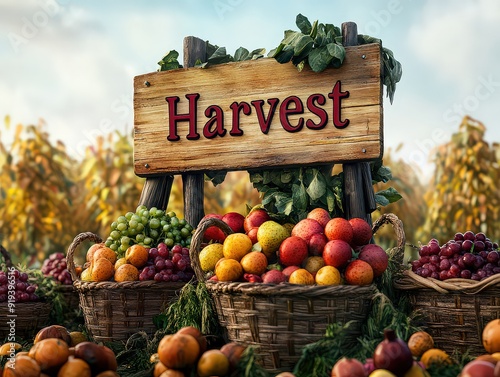 Sign highlighting "Harvest" with illustrations of an abundant crop yield, including baskets of fruits and vegetables.