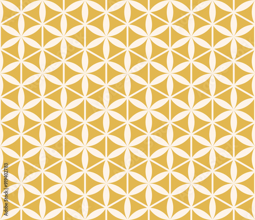 Elegant vector seamless pattern. Abstract floral geometric ornament. Yellow and beige color. Simple background with flower silhouettes, curved lines, hexagonal grid, lattice. Repeated geo design