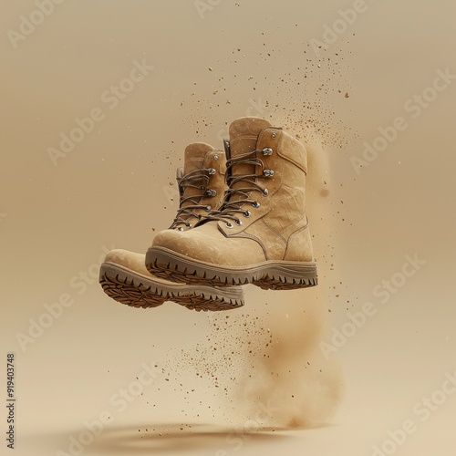 Floating Boots in Dusty Air, a pair of rugged outdoor boots suspended against a sand beige backdrop, enhanced with dust effects, showcasing a striking product mockup.