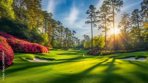 Pristine golf course, Augusta National, lush green fairways, white sand bunkers, towering pine trees, vibrant azalea bushes, golden hour sunlight, long shadows, manicured landscape.