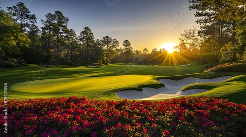 Pristine golf course, Augusta National, lush green fairways, white sand bunkers, towering pine trees, vibrant azalea bushes, golden hour sunlight, long shadows, manicured landscape.