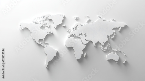 3D White World Map on White Background.