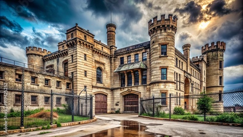 Abandoned Joliet Correctional Center, a historic Illinois prison with crumbling walls, rusted gates, and eerie atmosphere, evoking a sense of decay and forgotten stories.