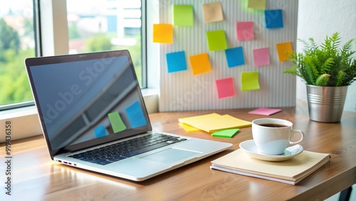 A sleek, modern desk with a laptop, notebook, and coffee cup, surrounded by colorful sticky notes and diagrams, conveying a thoughtful messaging strategy.