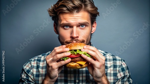 A young adult with a fit build and casual attire eagerly holds a juicy burger, eyes fixed on it with an unmistakable expression of craving.