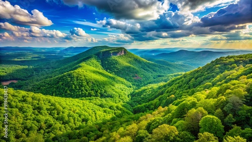 Breathtaking scenic view of Lookout Mountain's lush green forest and rolling hills under a vibrant blue sky in northwest Georgia's scenic countryside landscape.