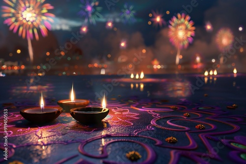 Colorful 3D render of a Diwali festival with lit diyas, rangoli designs, and fireworks in the night sky , created ai