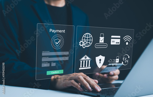 Secure Online Payment Transaction Process concept. Businessman confirming secure online payment using credit card through digital interface with verification tick symbol. Internet banking, fintech,