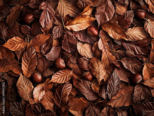 Sfondo texture di un tappeto di foglie autunnali cadute con castagne e noci