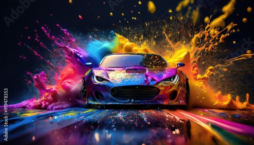 Vivid Color Splash Art with Luxury Sports Car