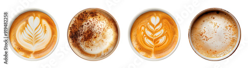 Collection of cut out cappuccino and coffee art in cups without handles. Detailed top view shots isolated on transparent or white background