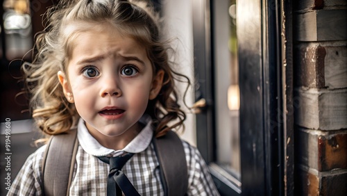 Child's emotions before first day of school, mixed feelings of excitement and nervousness, expressive face, close-up portrait