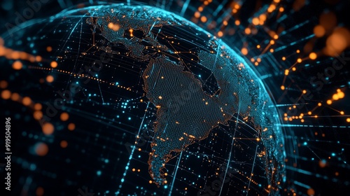 The surface of the Earth with lines and circles connecting it to the future with technology. The Internet, social media, travel or logistical concepts can all be seen there.