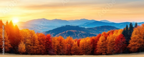 A countryside scene with rolling hills covered in fall foliage, captured during the golden hour of the autumn equinox, First Day of Fall, equinox beauty