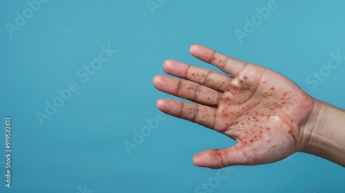 Male hands showing rash due to Pox viral infection Skin with painful red blisters Health issue on palm Copy space Allergic reaction skin inflammation Dengue fever