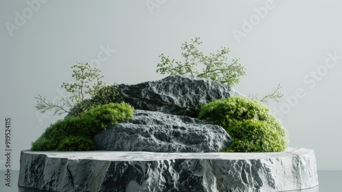 Natural aesthetic Stone podium adorned with green moss against a white backdrop Cosmetic product display with room for text vertical image