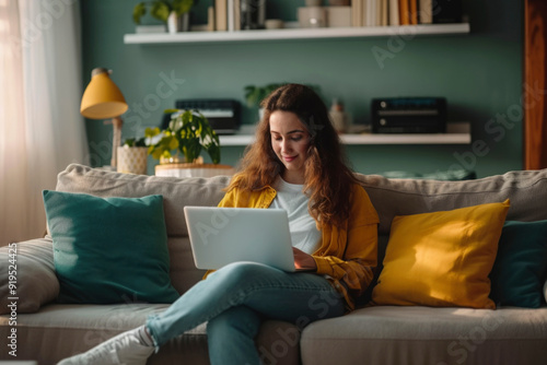 A young woman sits on a couch in her living room, working on her laptop. The image conveys a sense of comfort, relaxation, and focus.