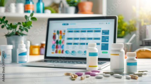 Online pharmacy concept with a laptop displaying medication options and various medicine bottles and pills on a bright, modern desk.