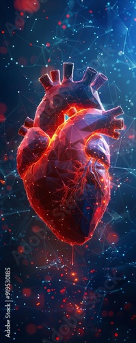 Digital rendering of a human heart in a futuristic, glowing environment, showcasing complex vascular structures and vibrant colors.