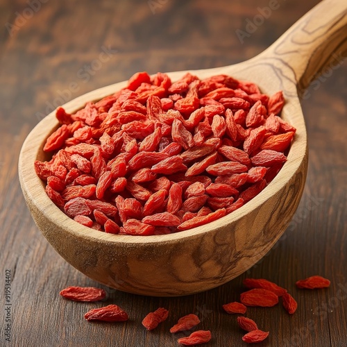 Goji berries, dried and arranged in a bowl and scoop, set on wood. 