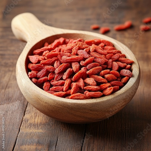 A scoop and bowl filled with dried goji berries, resting on wood. 