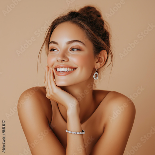 Happy woman wearing earrings and a bracelet, smiling with a cheerful expression, representing joy and elegance in a studio setting.