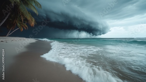 A colossal storm cloud looms over a calm beach with crystal-clear water, creating a dramatic contrast between the dark sky and the serene ocean.