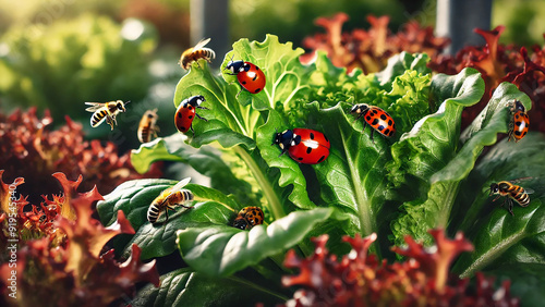 beneficial insects like ladybugs or bees on salad plants.