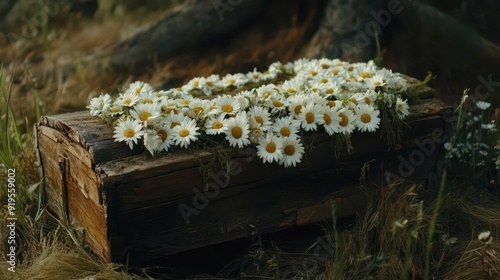 A rustic wooden coffin with a wreath of white daisies