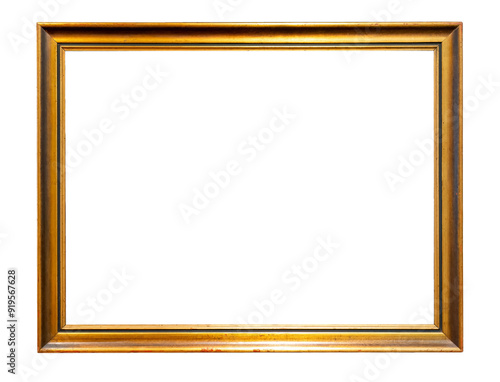 Plain simple minimal middle size blank empty gold painting frame object isolated on white background, cut out, border copy space template mockup pattern. Object front view, top frontal shot, no people