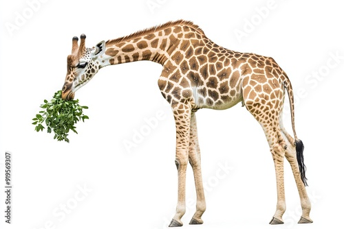 Giraffe standing and munching leaves isolated on a white background