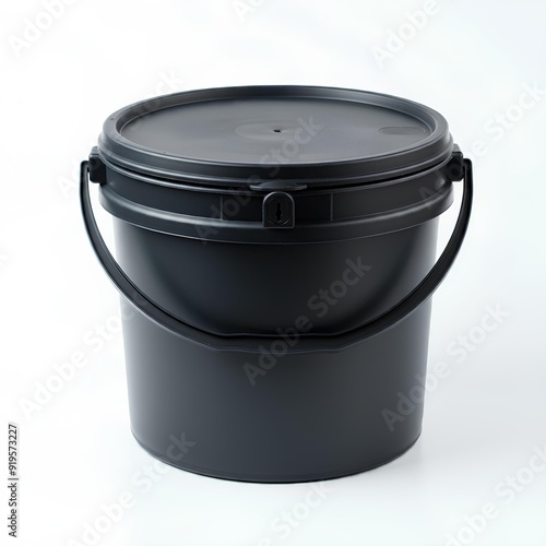 A black plastic bucket with a sealed lid and a sturdy handle, designed for secure storage.