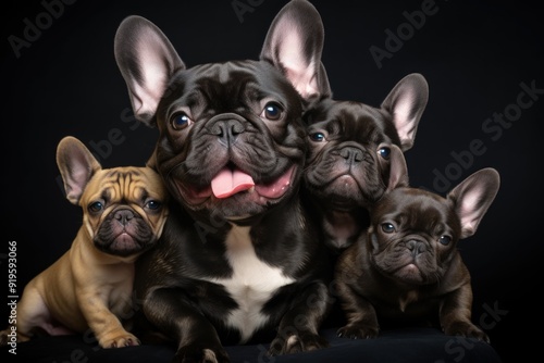 Group of cute french bulldog puppies on black background.