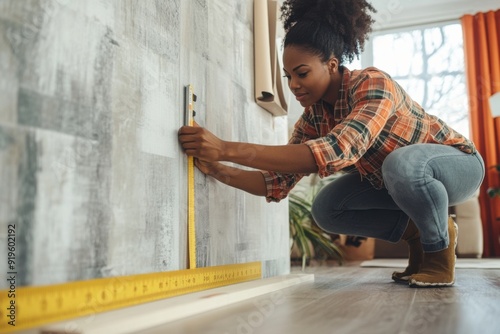 Black woman doing a renovation in her house herself measuring with a meter