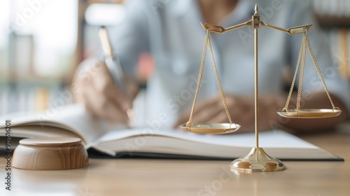 golden justice scale on wooden table with lawyer documenting in the background, copy space, legal profession, balanced judgment