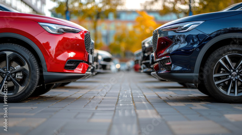 Two cars, one red and one blue, face each other on a city street, showcasing sleek automotive design and urban life.