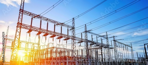 A large electric substation with a bright sunset in the background. Power lines and electrical equipment can be seen in the image.