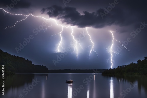 Multiple lightning bolts crisscrossing over a serene moonlit lake, AI Generated