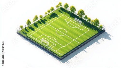 Isometric view of an enclosed soccer field with green turf, white boundary lines, goals, and surrounding trees casting shadows. Bright, sunny day.