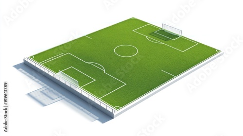 This image shows a 3D illustration of a soccer field with white markings indicating the boundaries, center circle, penalty areas, and goals.