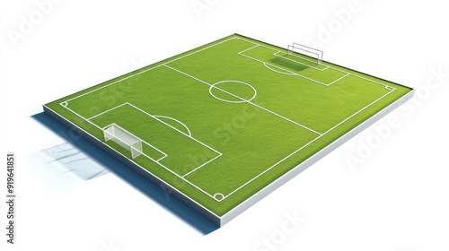 A 3D rendering of a soccer field with white lines marking the playing areas, a center circle, penalty areas, and goals on a white background.