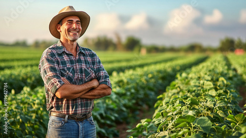 A proud male farmer stands in a vibrant green soybean