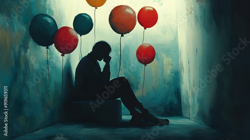 A figure sitting in a corner, surrounded by dialogue balloons with insults and criticisms, representing negative self-destructive thoughts.