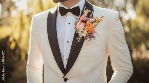 A groom wearing a stylish tuxedo with a black bow tie and a colorful floral boutonniere stands at an outdoor wedding venue.