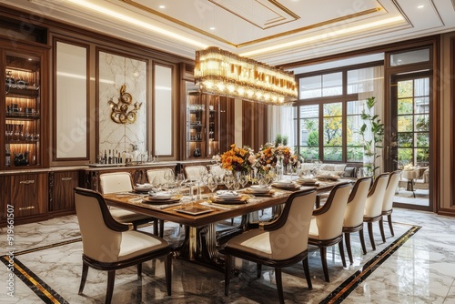 Upscale Dining. Luxurious Dinner Room Interior Design with Elegant Marble Table