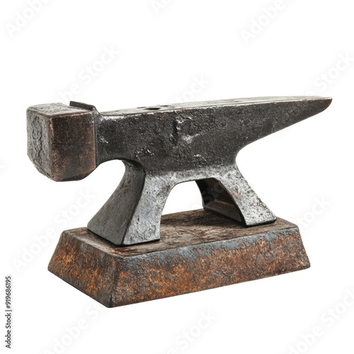 PNG Heavy iron anvil resting on a weathered wooden surface in a workshop setting