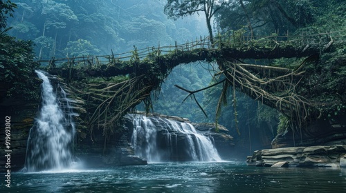 Living Root Bridge and Waterfall in a Lush Forest